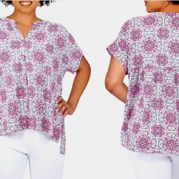 Ruby Rd. Tops - Ruby Red Oh Happy Day Azalmul Pink/White/Black Tile Mix Shortsleeve Top